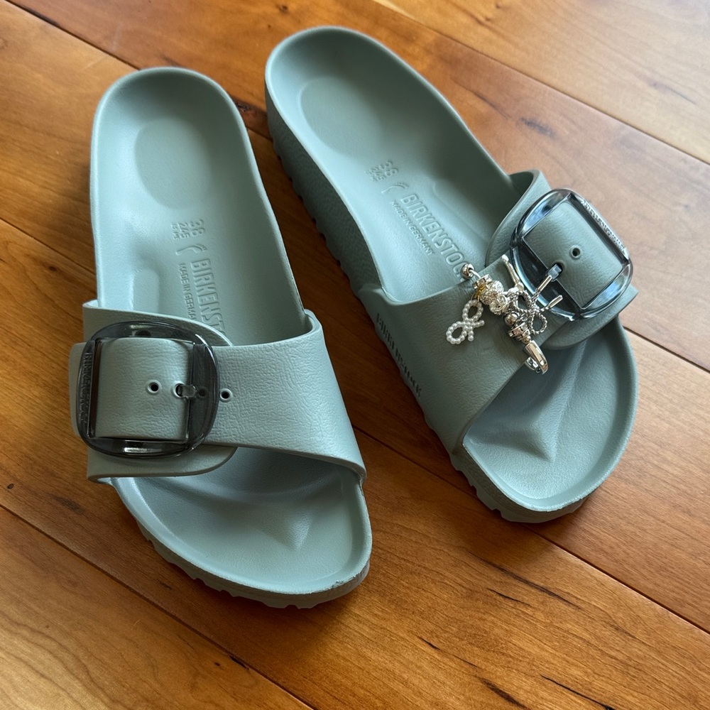 Birkenstock Mint Green Single-Strap EVA Slide Sandals with Charm